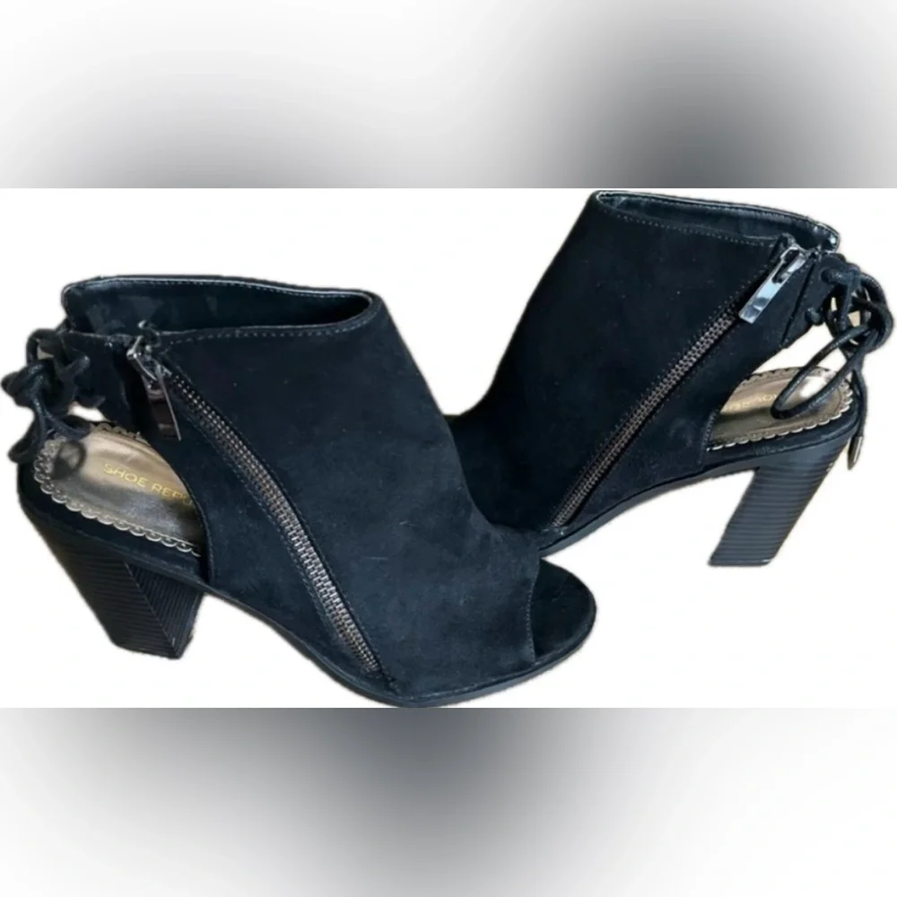 Black Peep Toe Booties with side zipper and chunky heel. NWOT. Women’s size 8.5